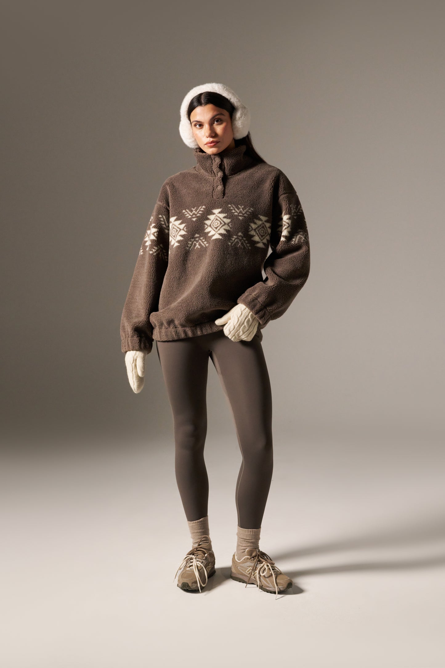 Fairisle Popper Detail Borg Sweatshirt - Cocoa