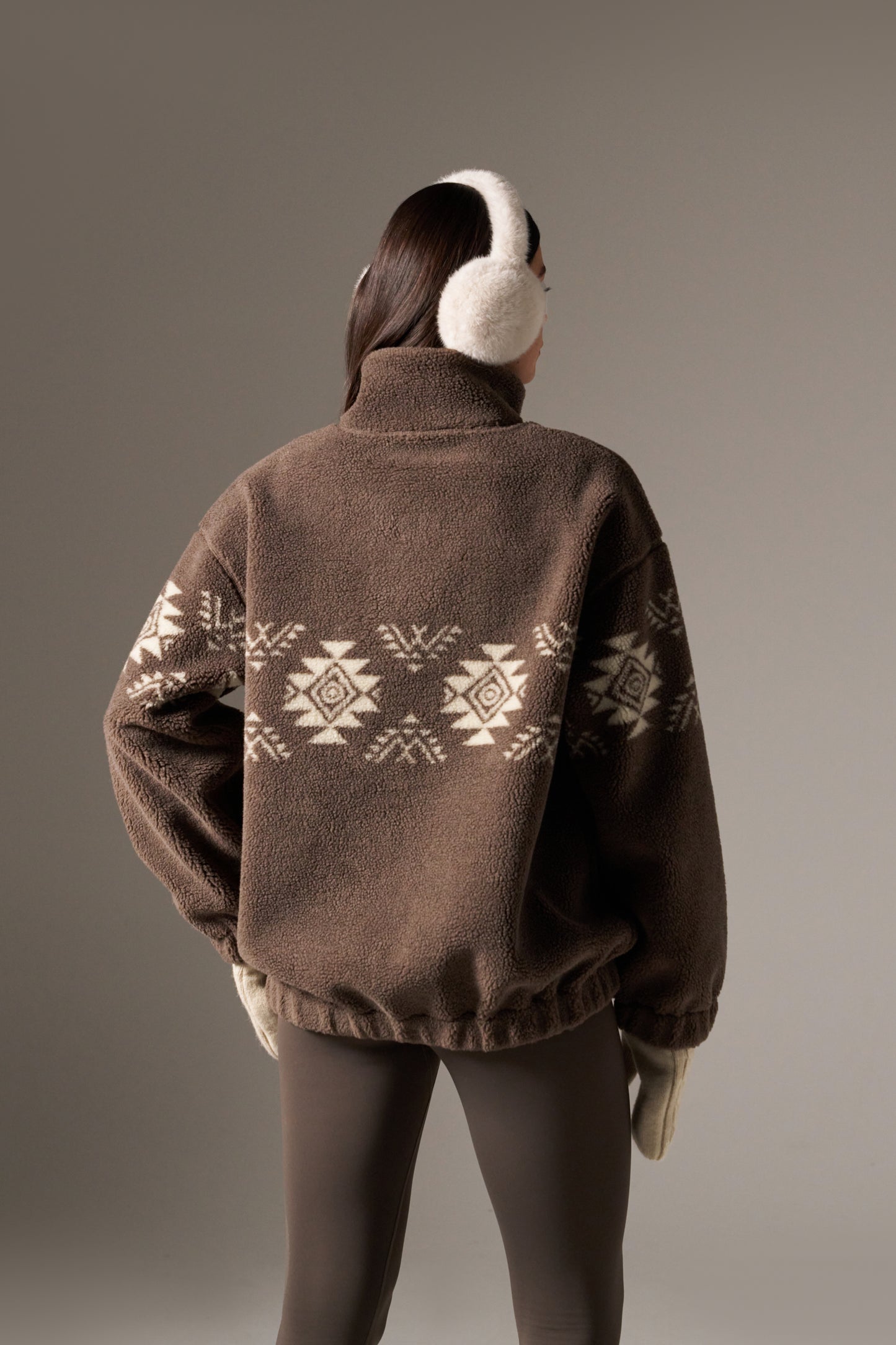 Fairisle Popper Detail Borg Sweatshirt - Cocoa