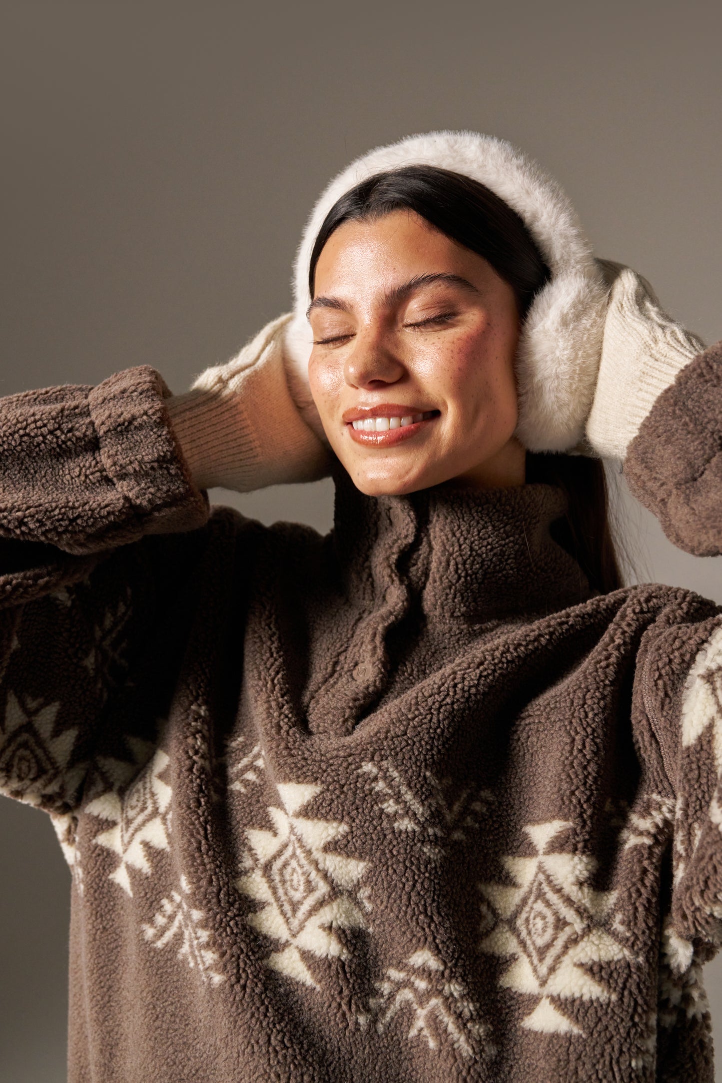 Fairisle Popper Detail Borg Sweatshirt - Cocoa