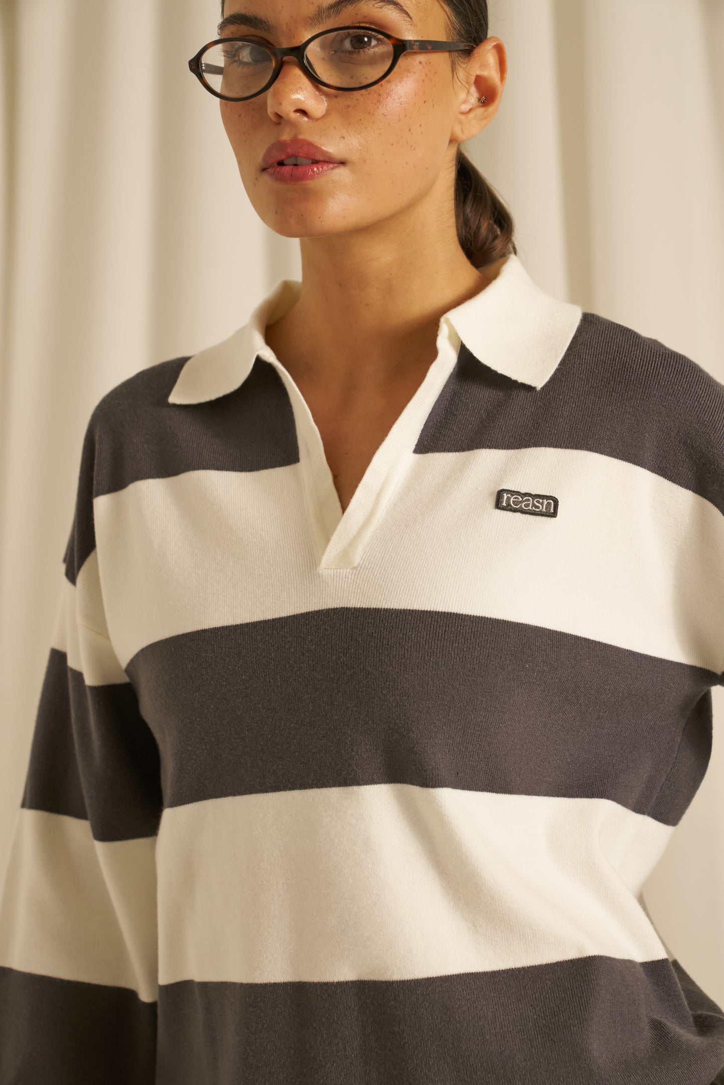 Knitted Stripe Rugby Polo Jumper - Slate Blue