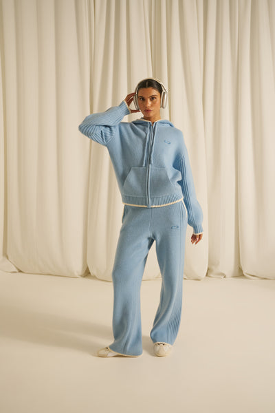 Contrast Tipping High Waist Knitted Trousers - Powder Blue