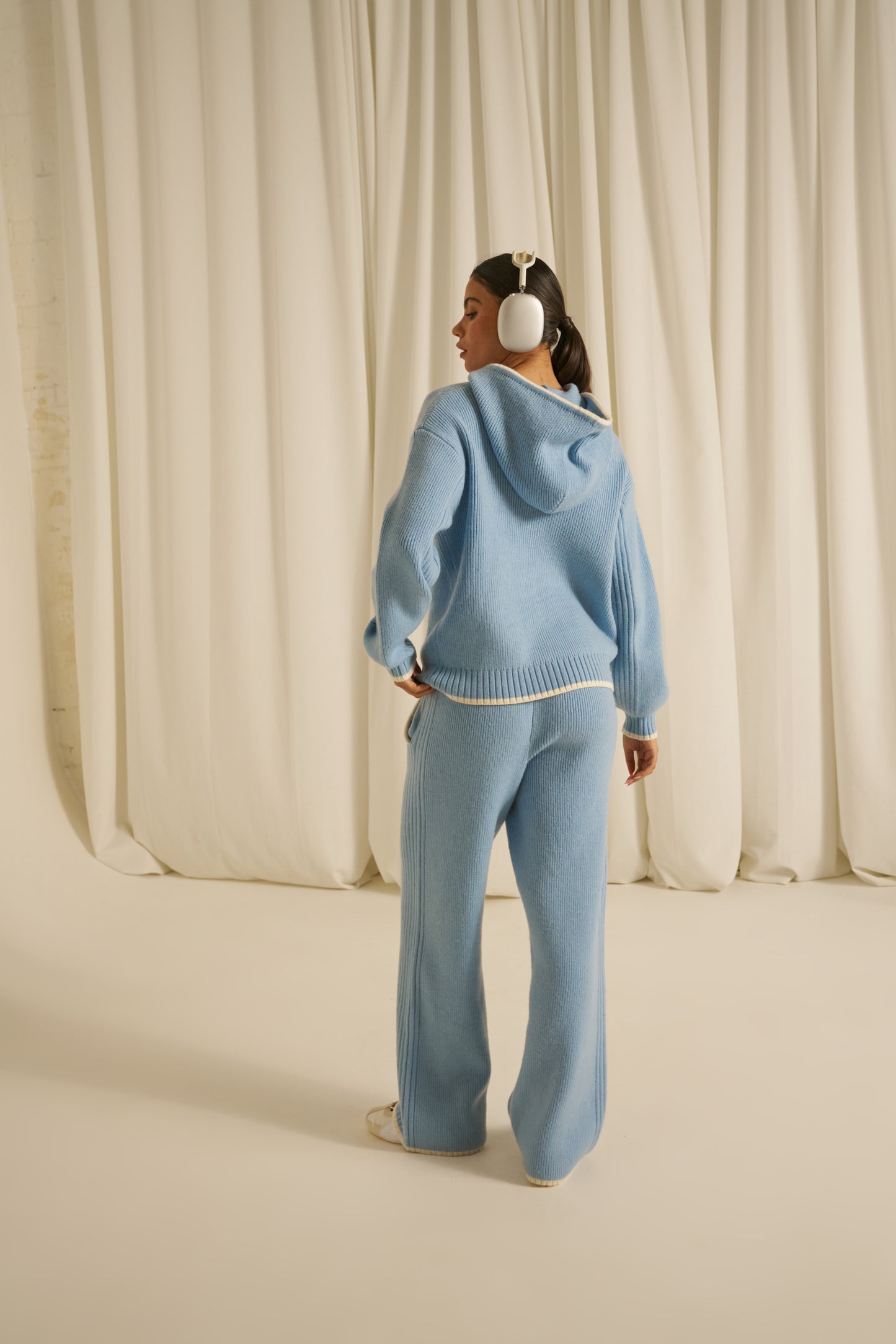 Contrast Tipping High Waist Knitted Trousers - Powder Blue