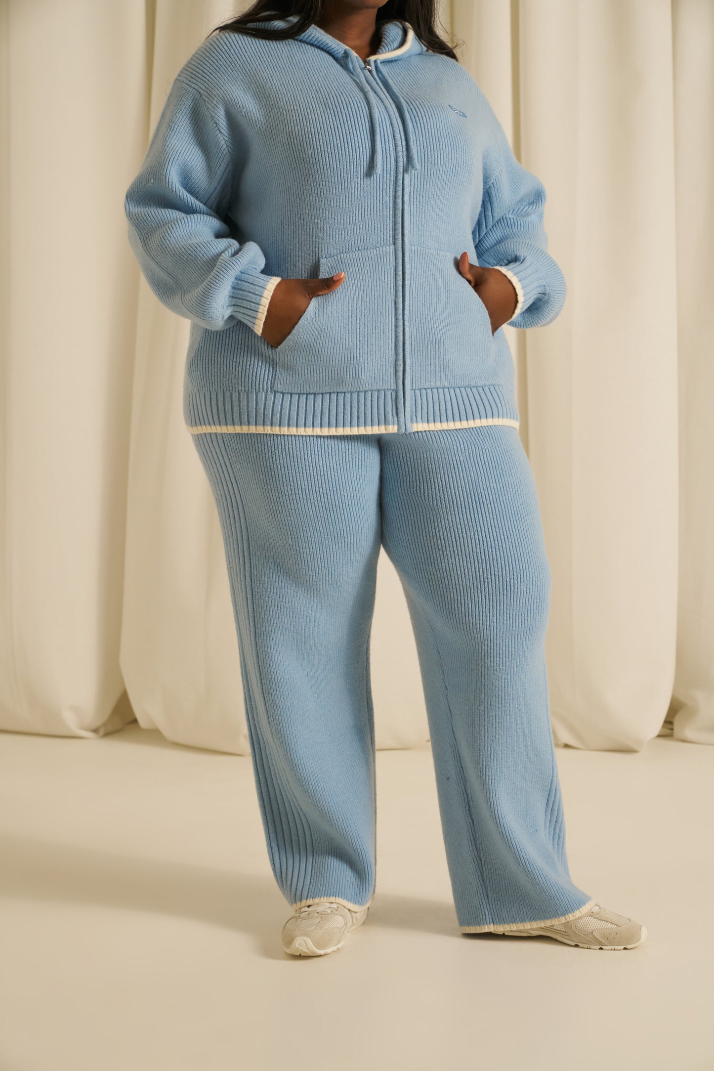 Contrast Tipping High Waist Knitted Trousers - Powder Blue