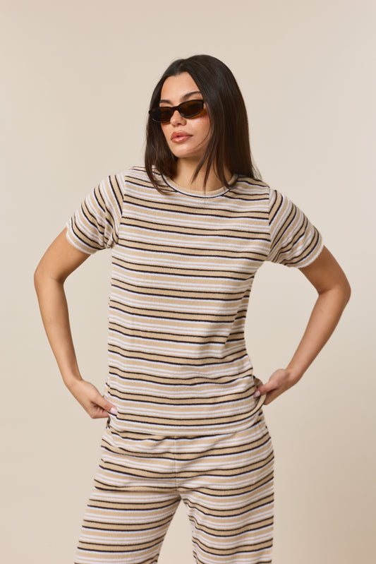 Towelling Stripe Short Sleeve T Shirt - Desert Sand