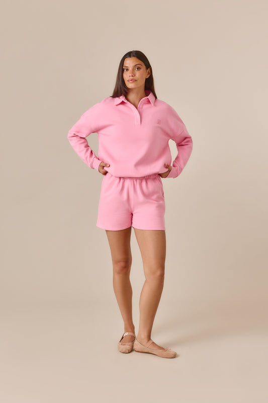 Button Front Collar 2 In 1 Short Tracksuit - Bubblegum Pink