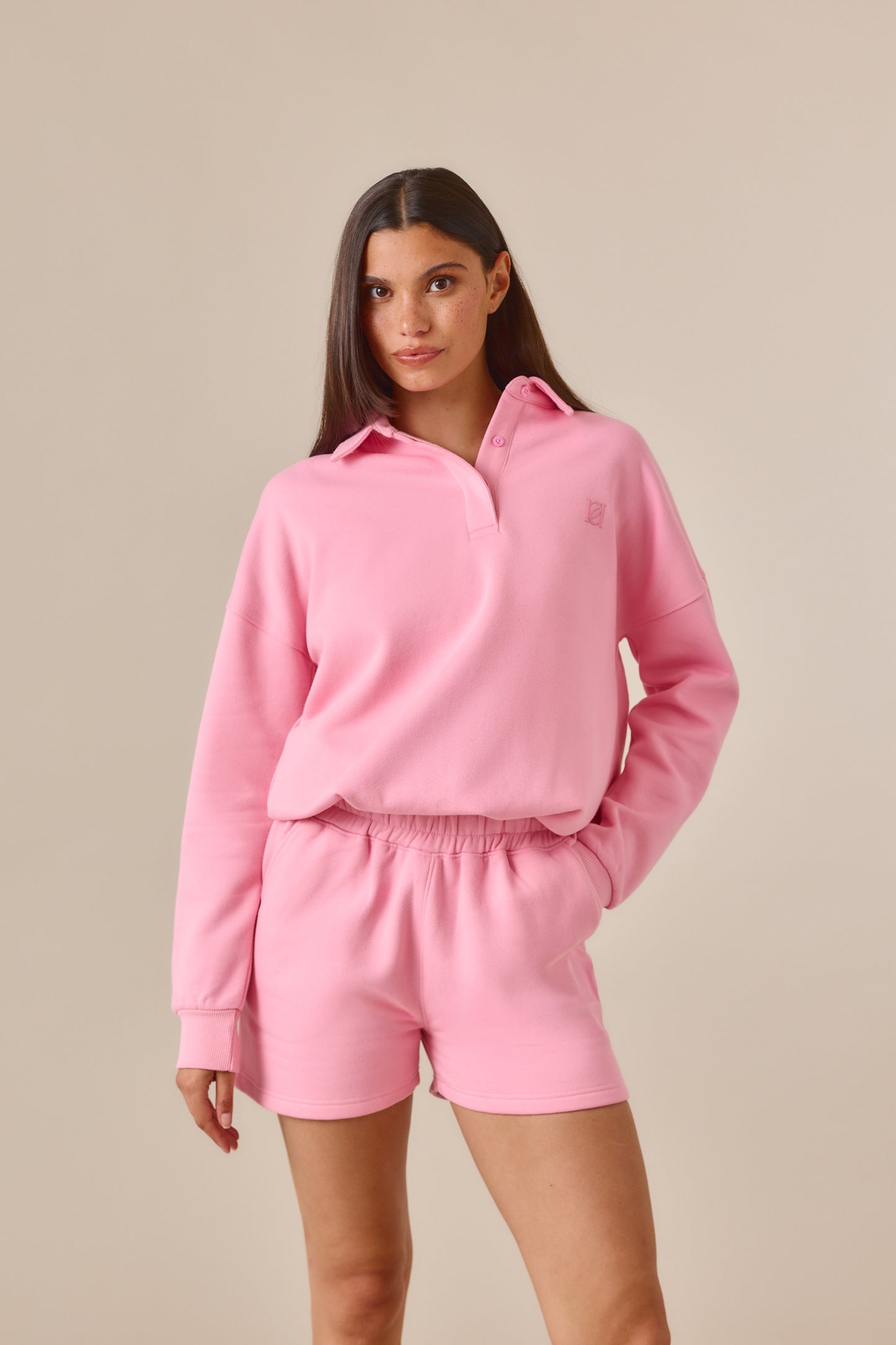 Button Front Collar 2 In 1 Short Tracksuit - Bubblegum Pink