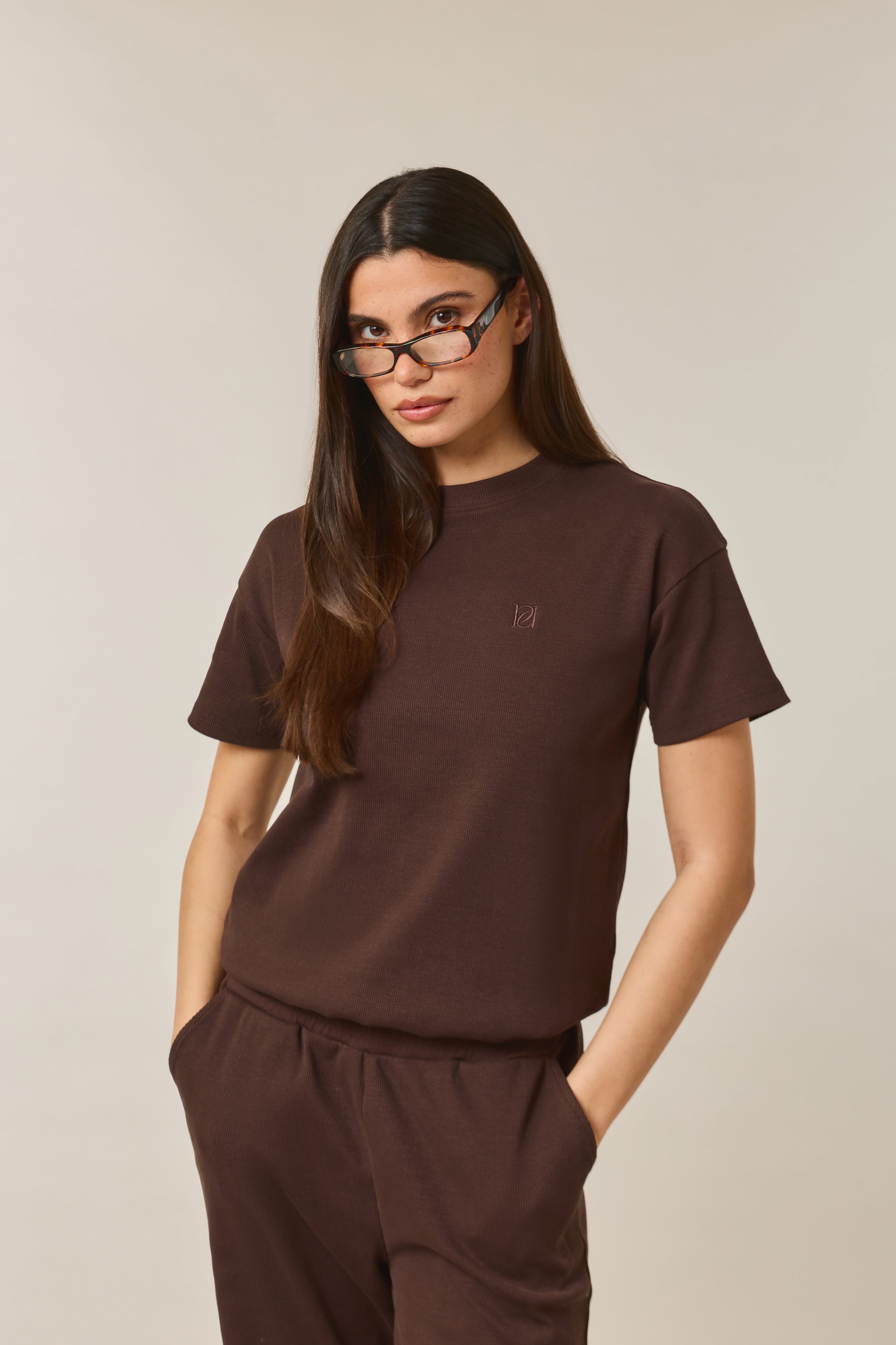 トップス gajess Kanon Logo Rib Knit brown Rib Short Sleeve 2 In 1 - Espresso – reasn