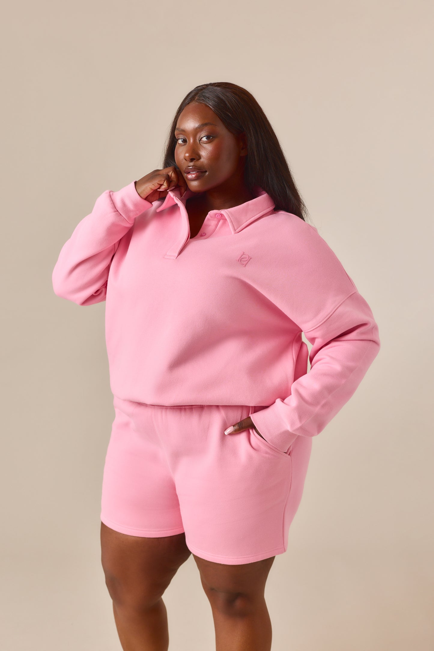 Button Front Collar 2 In 1 Short Tracksuit - Bubblegum Pink