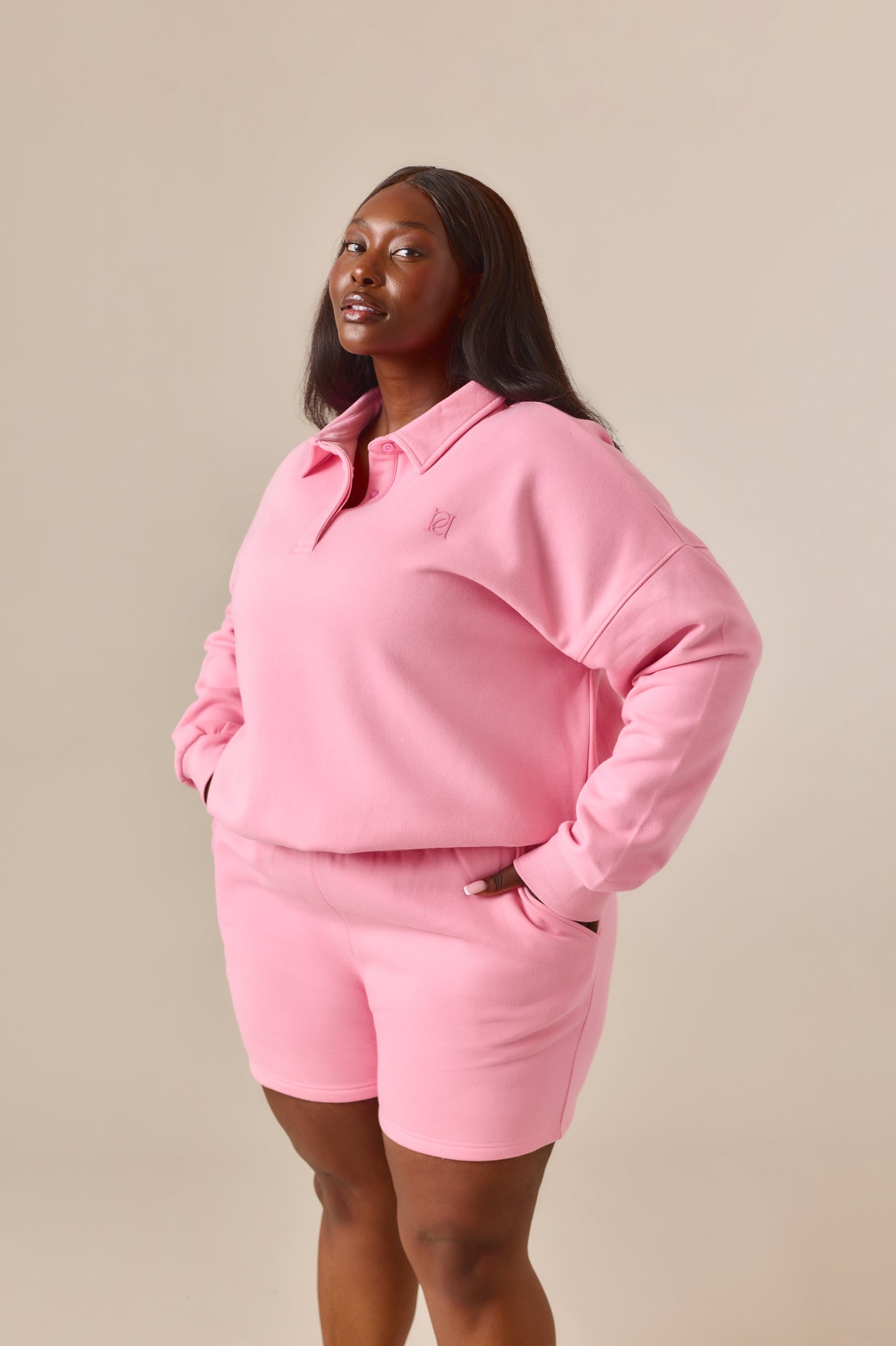 Button Front Collar 2 In 1 Short Tracksuit - Bubblegum Pink