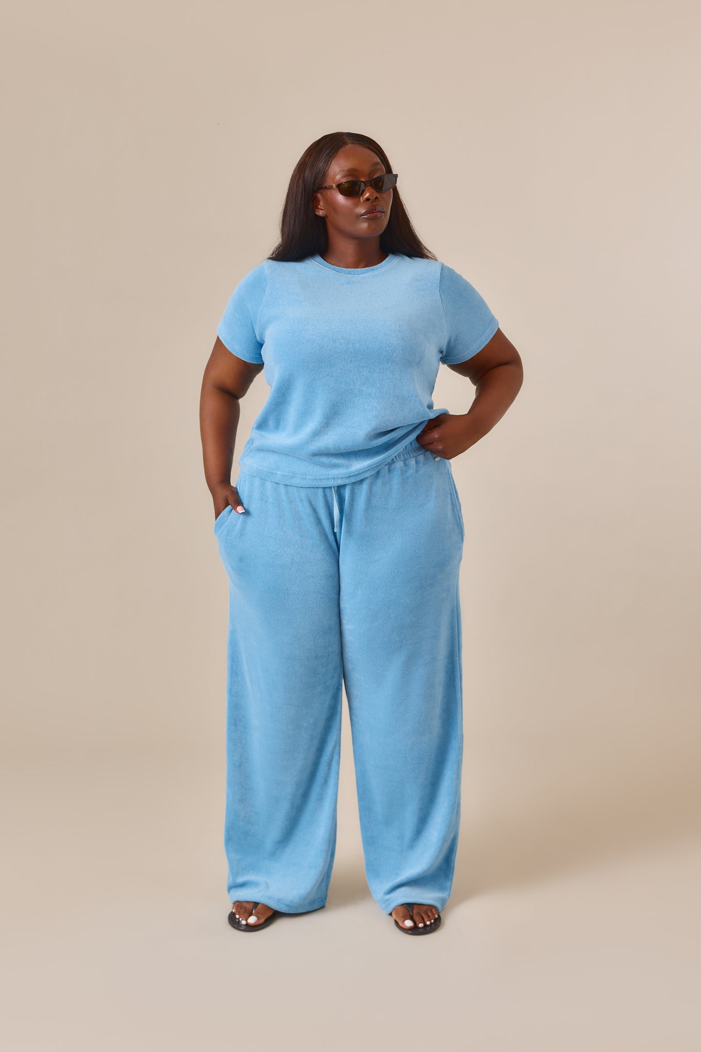 Towelling High Waist Trousers - Aqua