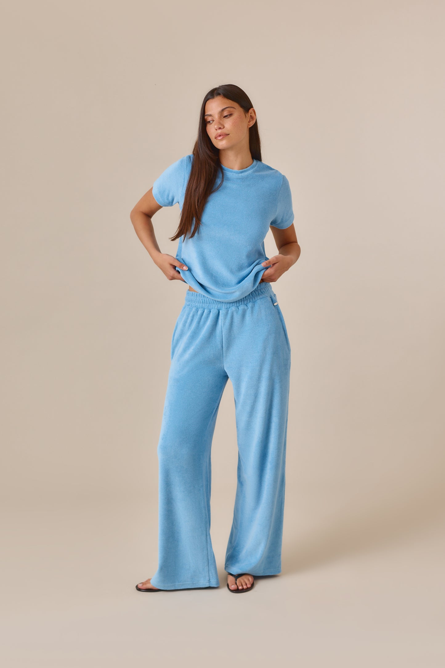 Towelling High Waist Trousers - Aqua