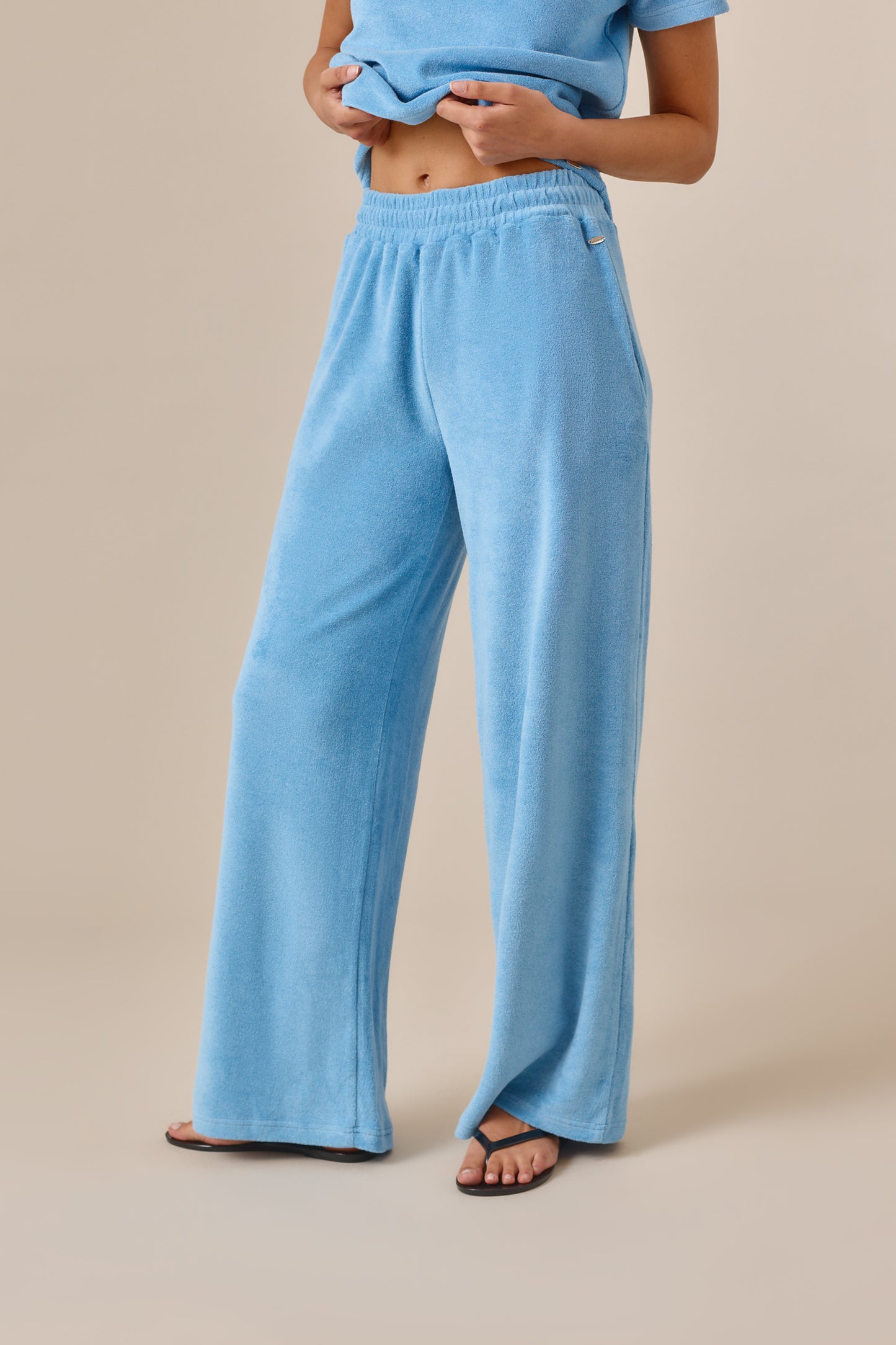 Towelling High Waist Trousers - Aqua