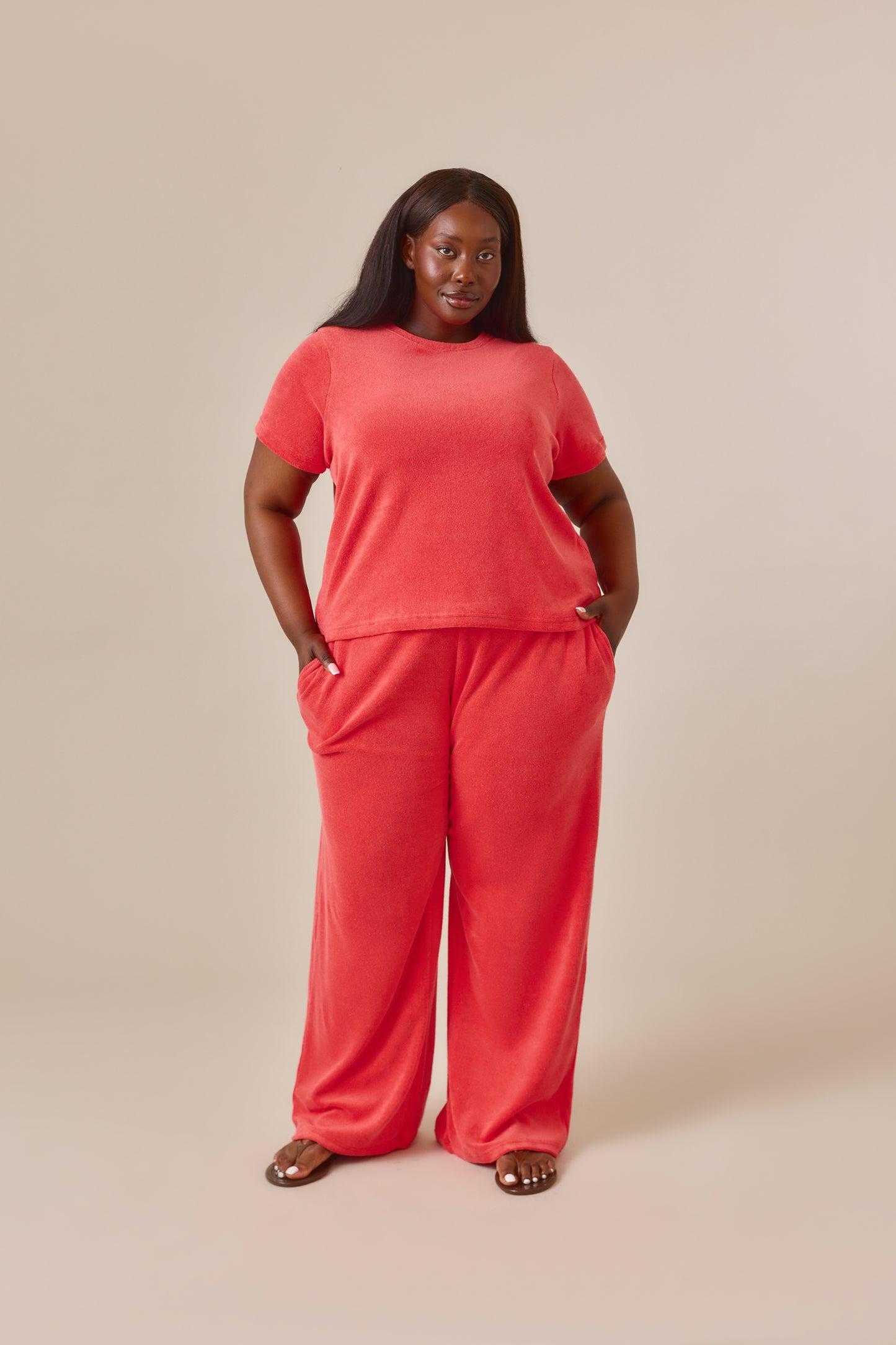 Towelling High Waist Trousers - Coral