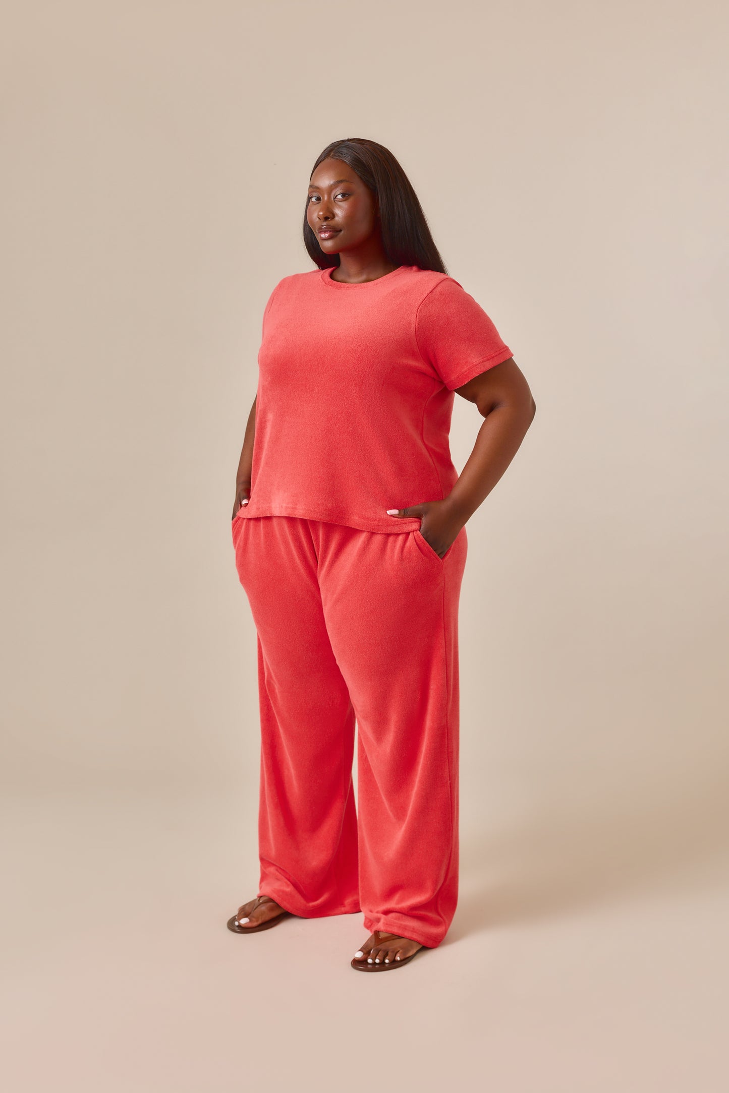 Towelling High Waist Trousers - Coral