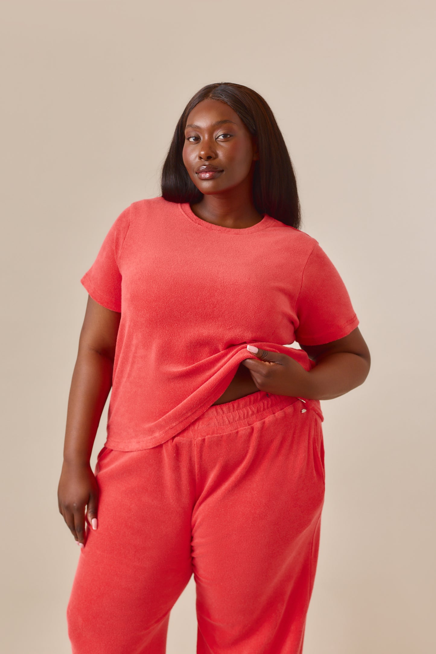 Towelling Short Sleeve T Shirt - Coral