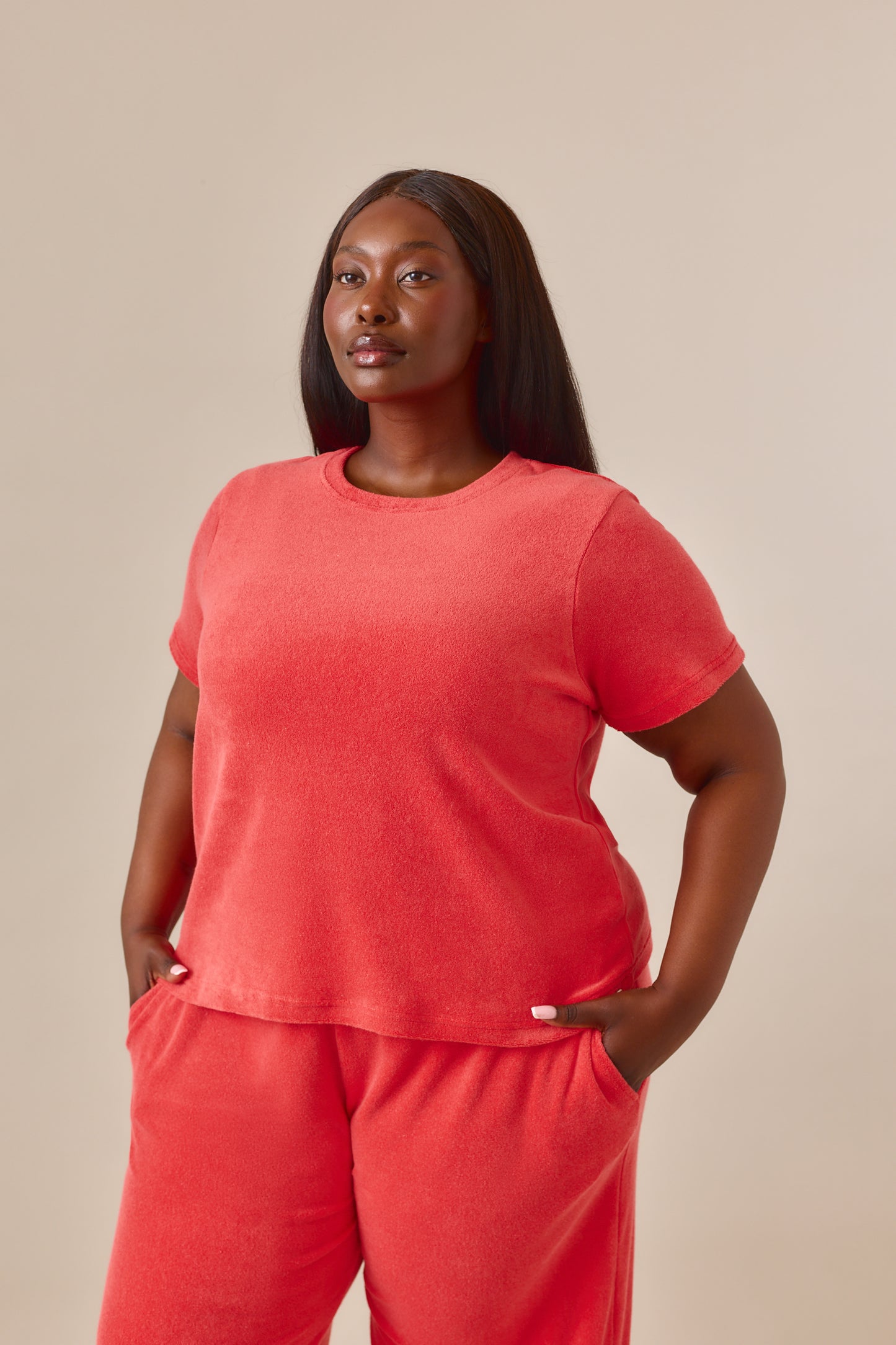 Towelling Short Sleeve T Shirt - Coral