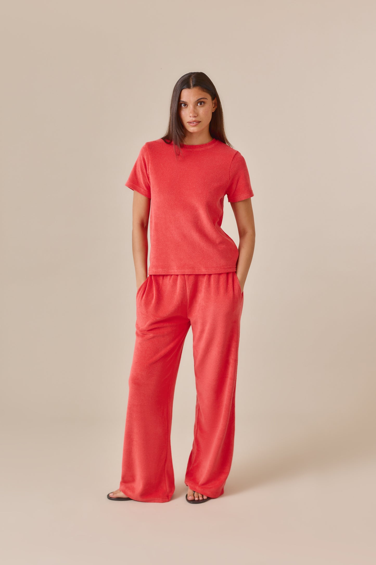 Towelling High Waist Trousers - Coral