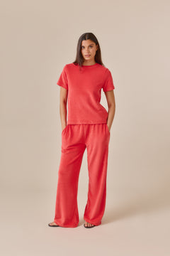 Towelling High Waist Trousers - Coral