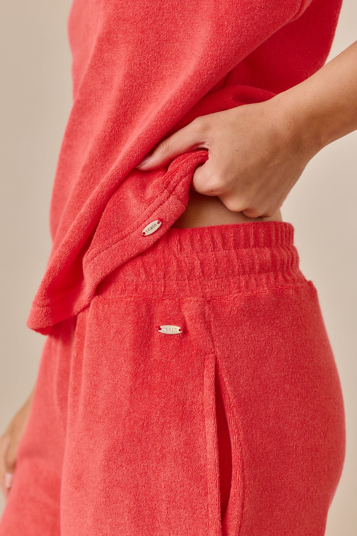 Towelling High Waist Trousers - Coral