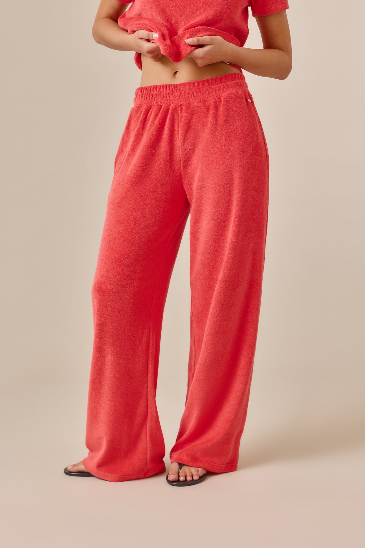 Towelling High Waist Trousers - Coral