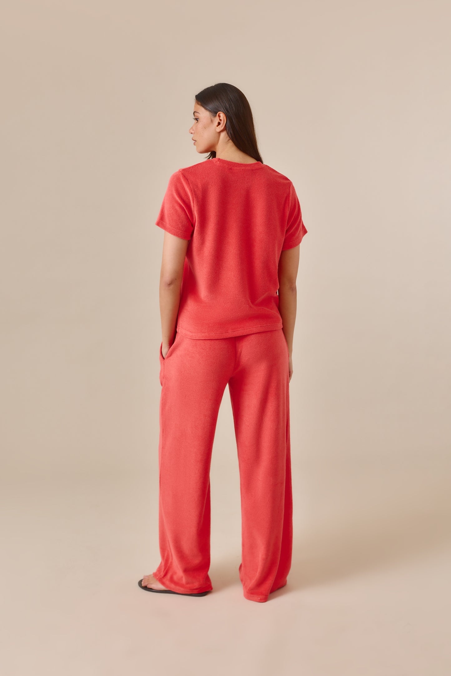 Towelling High Waist Trousers - Coral