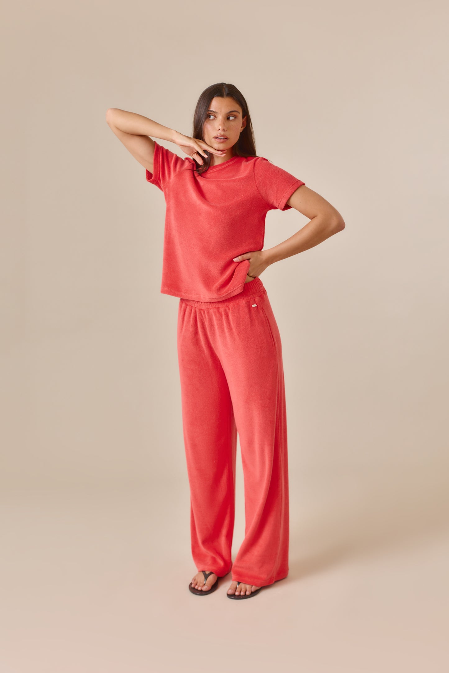Towelling High Waist Trousers - Coral