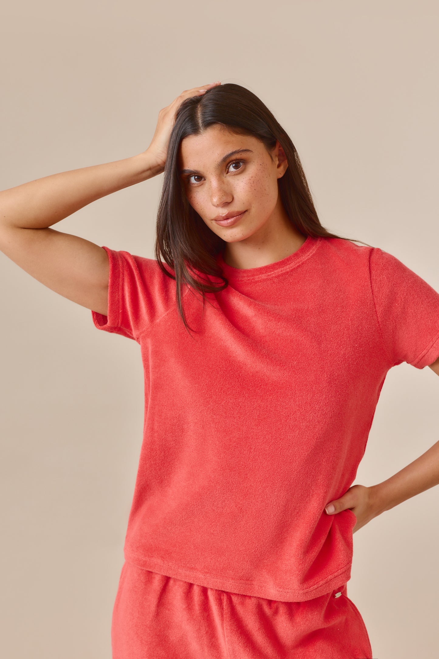 Towelling Short Sleeve T Shirt - Coral
