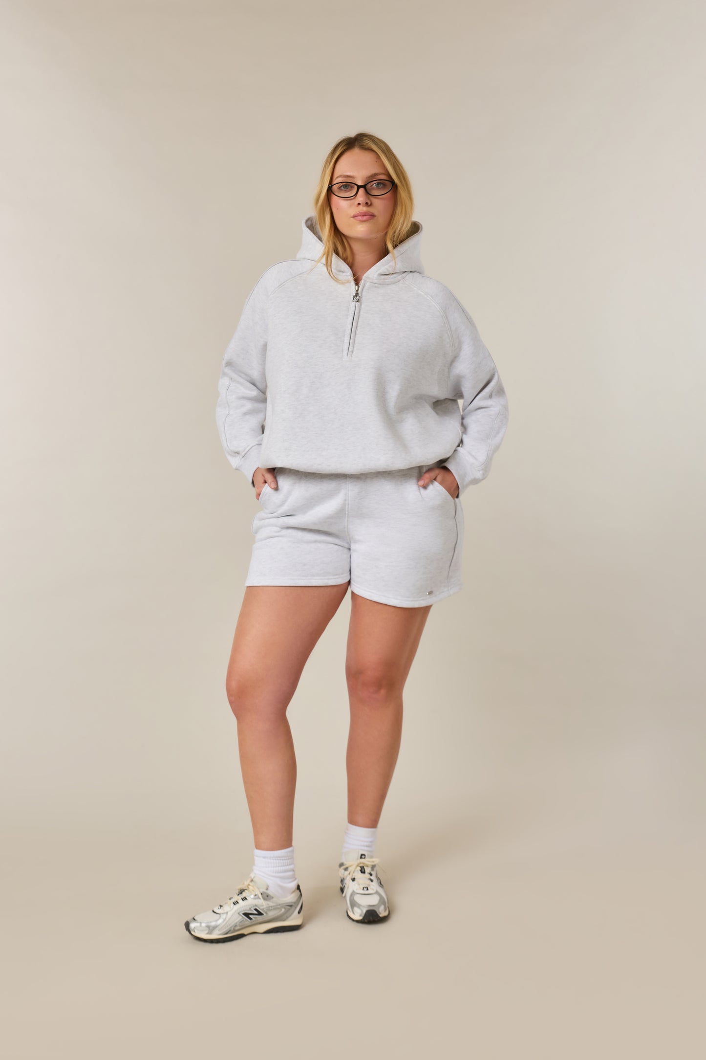 Quarter Zip Hoodie 2-1 Shorts Tracksuit - Grey Marl