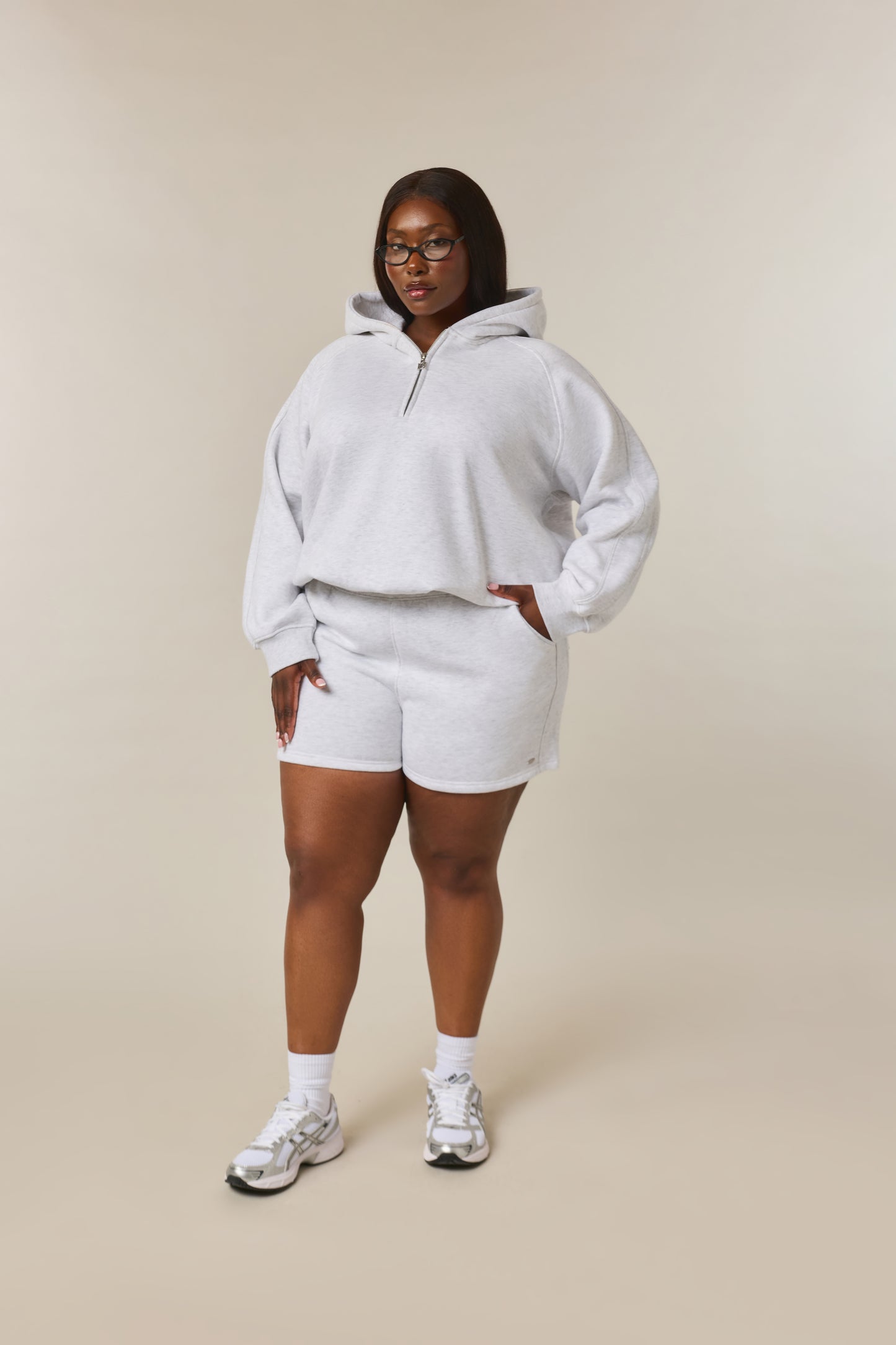 Quarter Zip Hoodie 2-1 Shorts Tracksuit - Grey Marl