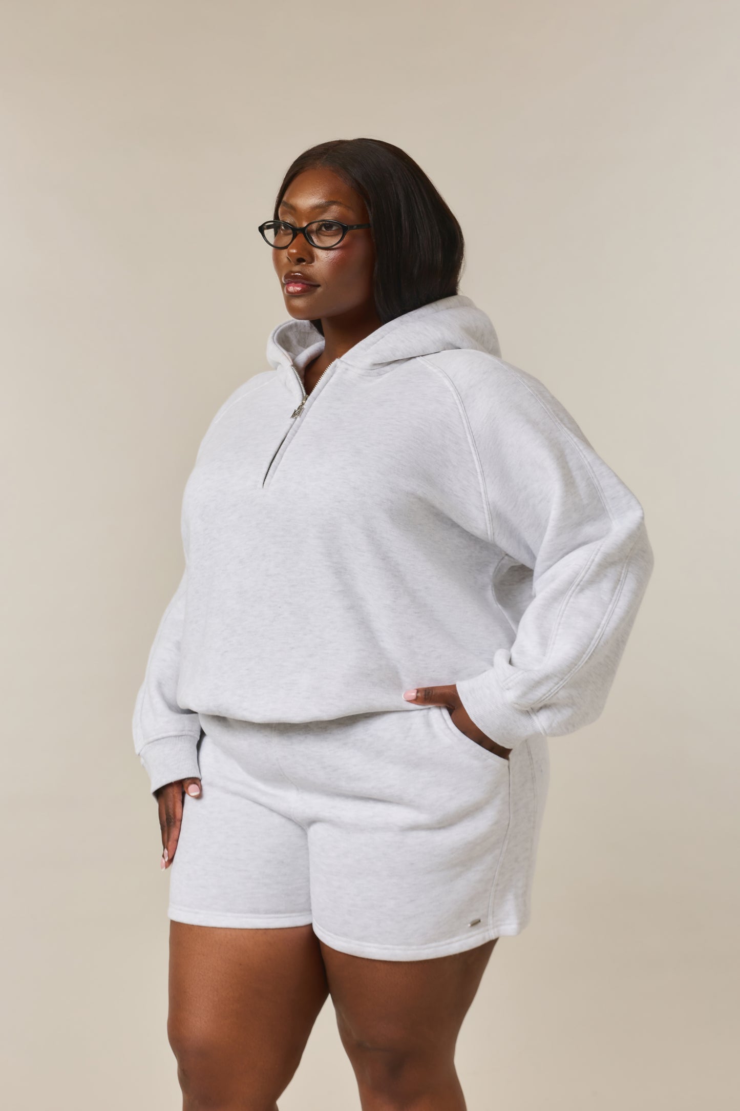 Quarter Zip Hoodie 2-1 Shorts Tracksuit - Grey Marl