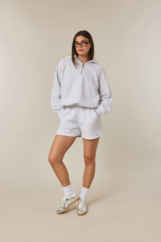 Quarter Zip Hoodie 2-1 Shorts Tracksuit - Grey Marl