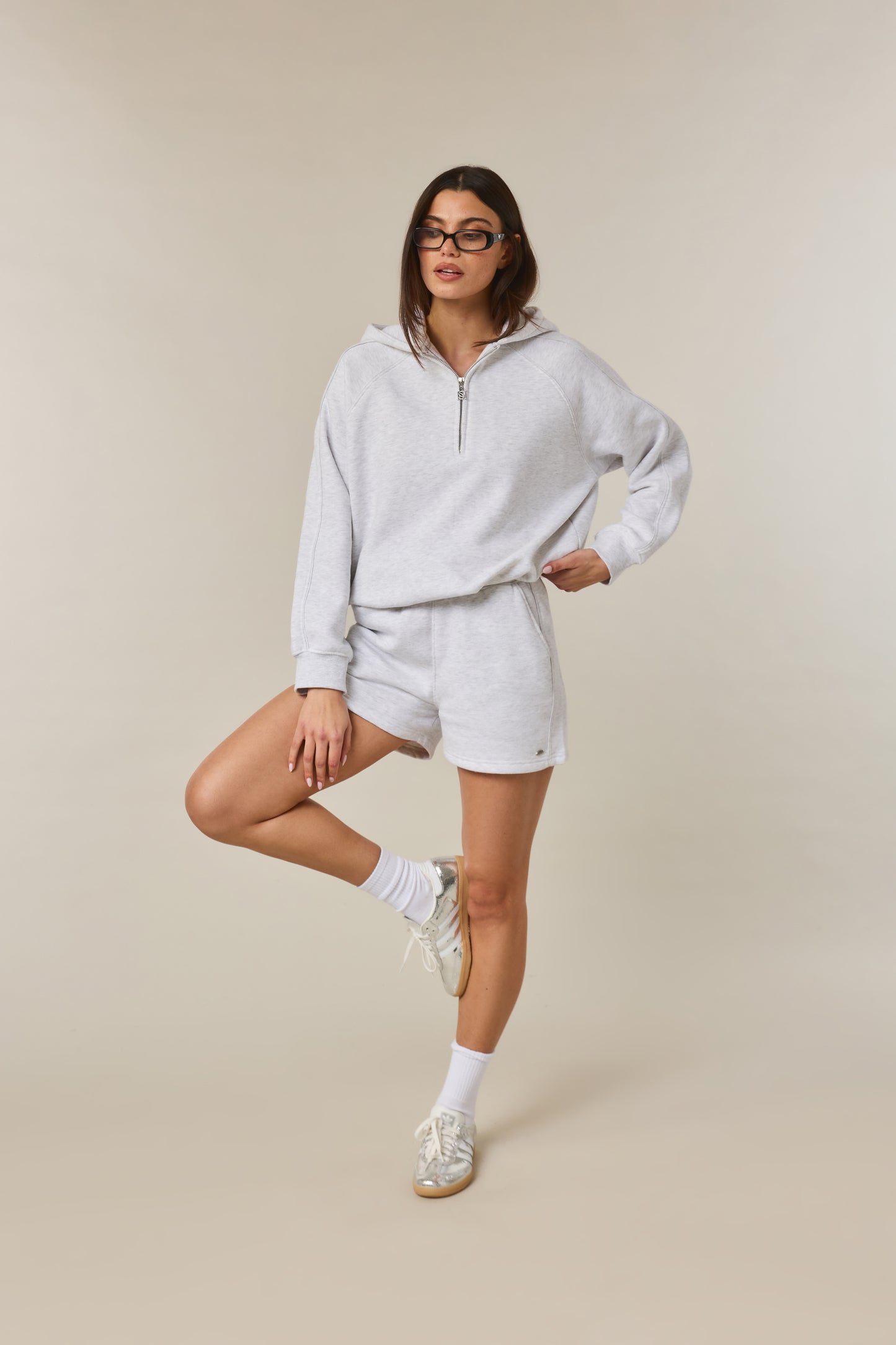 Quarter Zip Hoodie 2-1 Shorts Tracksuit - Grey Marl