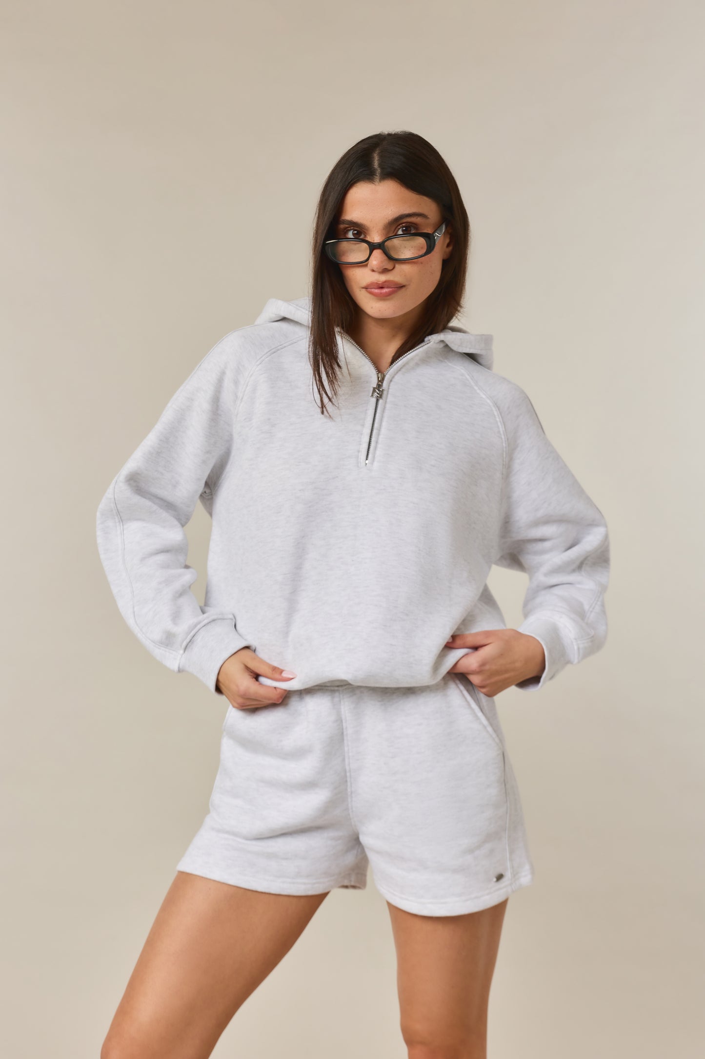 Quarter Zip Hoodie 2-1 Shorts Tracksuit - Grey Marl