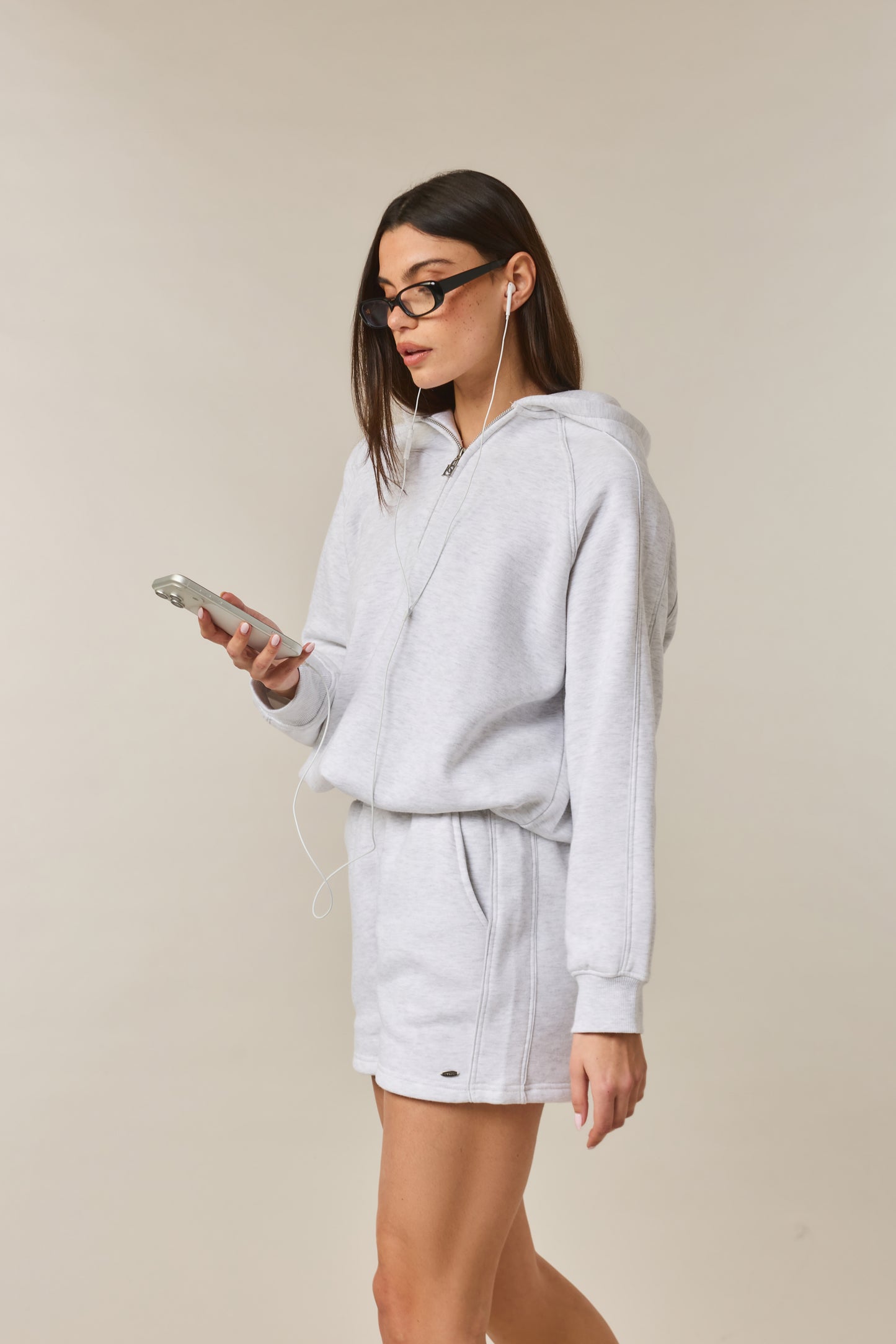 Quarter Zip Hoodie 2-1 Shorts Tracksuit - Grey Marl