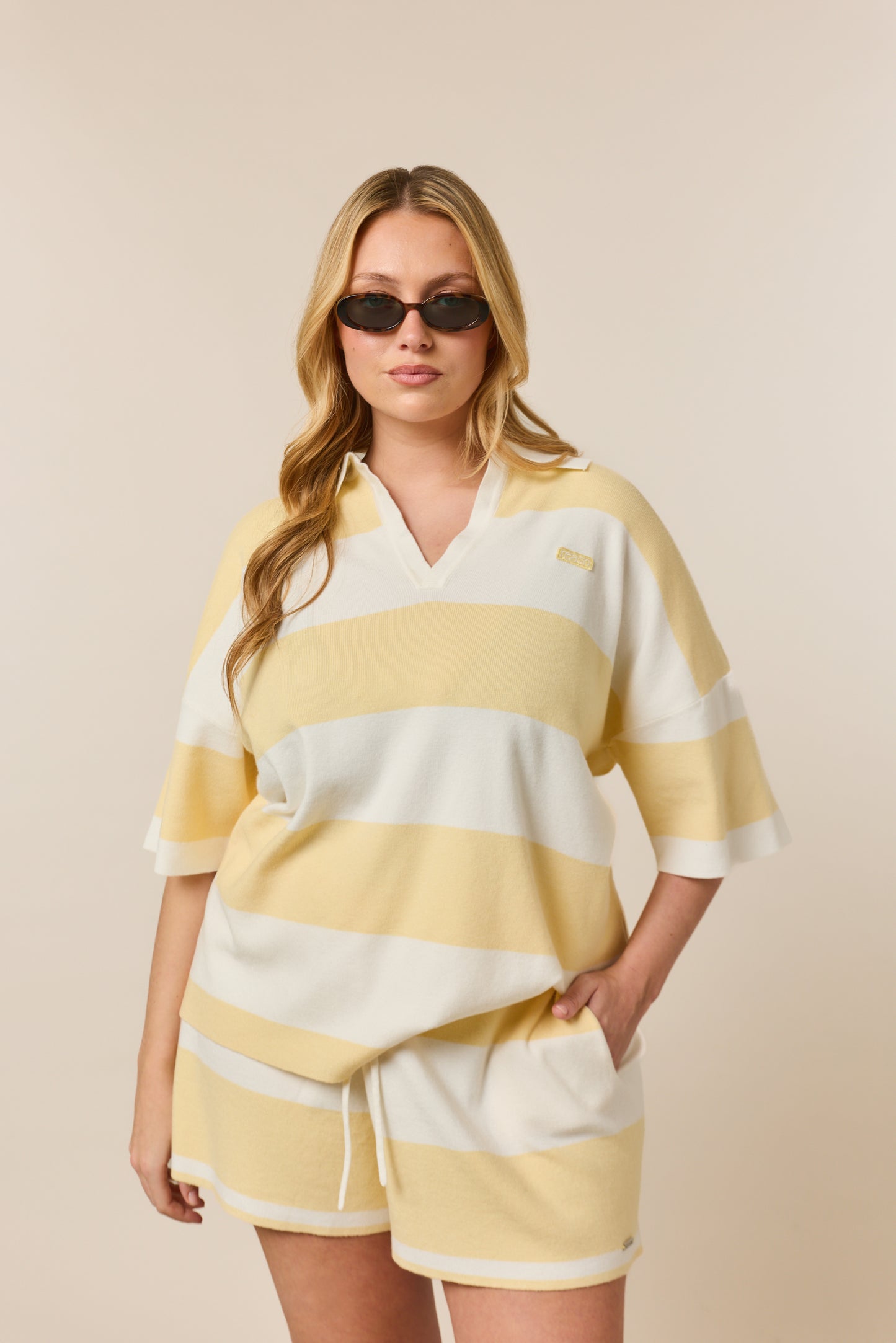 Stripe Knitted Collar Short Sleeve Top - Lemon Sorbet