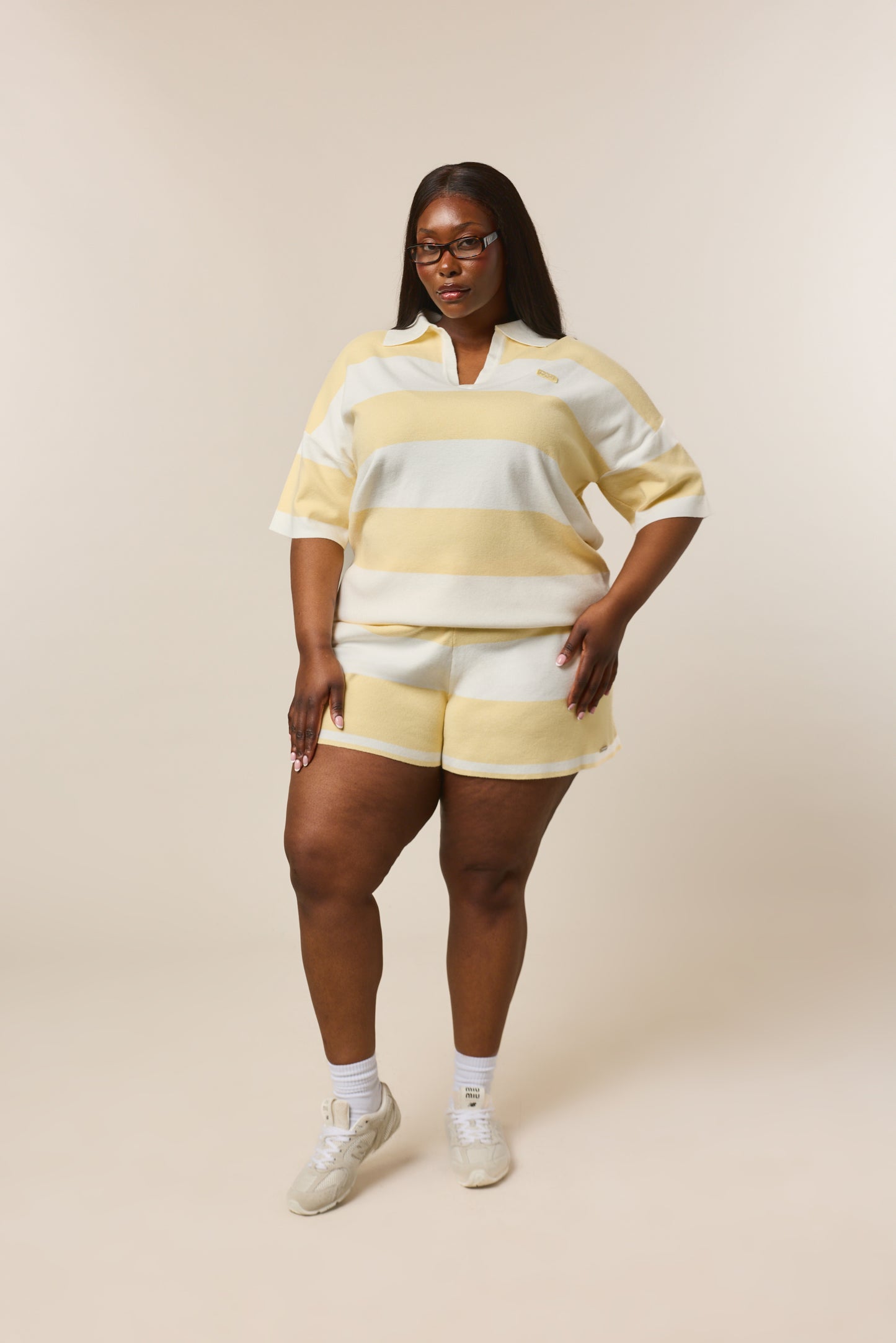Stripe Knitted Collar Short Sleeve Top - Lemon Sorbet