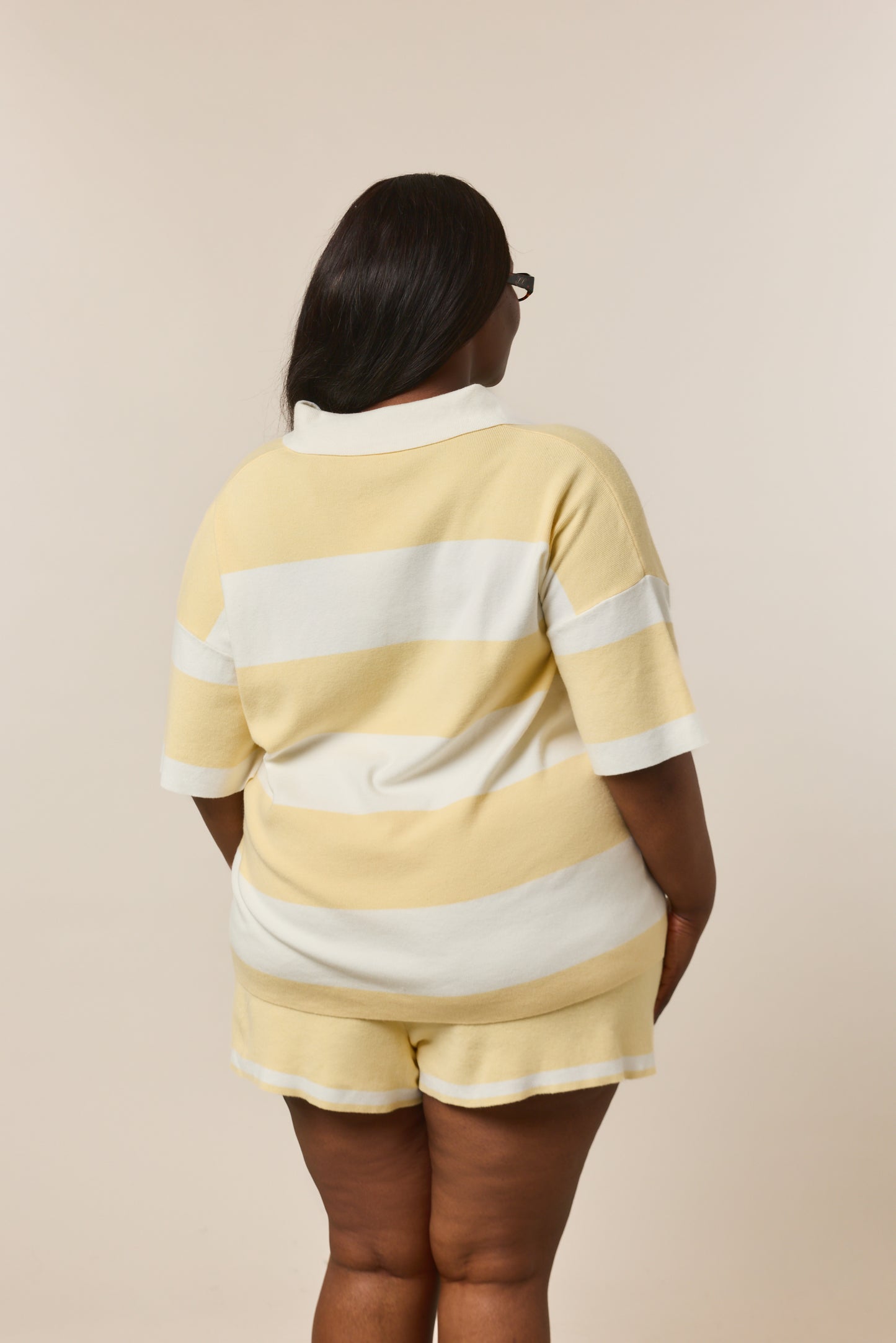 Stripe Knitted Collar Short Sleeve Top - Lemon Sorbet