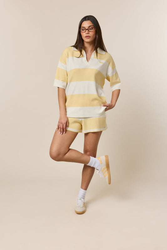 Stripe Knitted Collar Short Sleeve Top - Lemon Sorbet