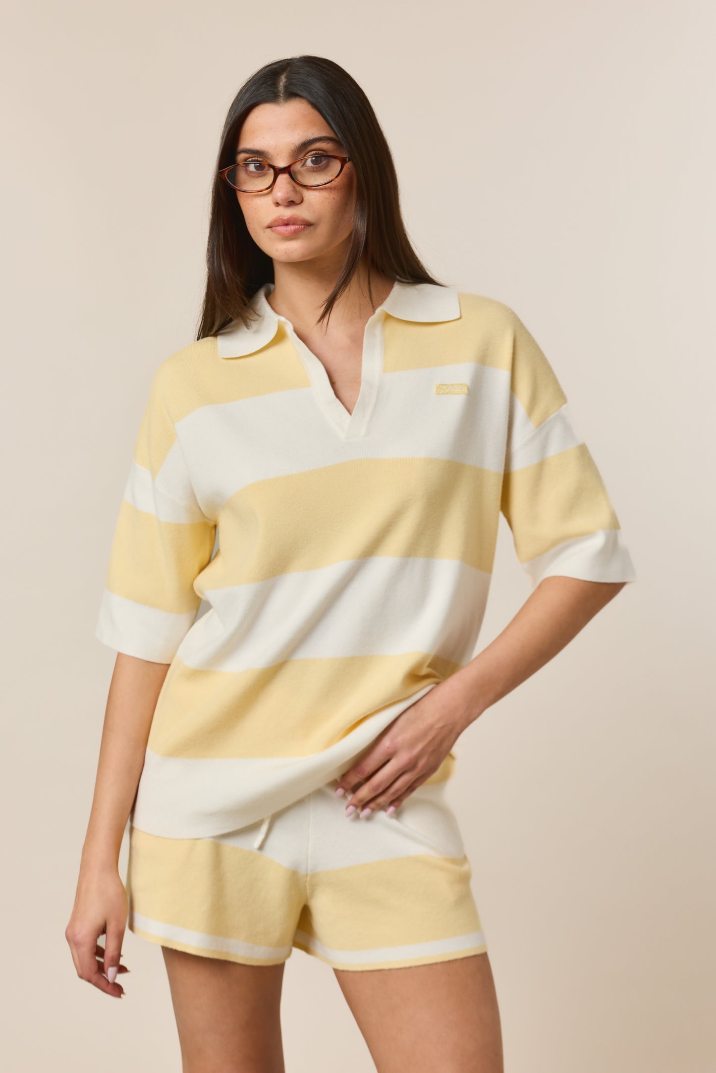Stripe Knitted High Waisted Shorts - Lemon Sorbet