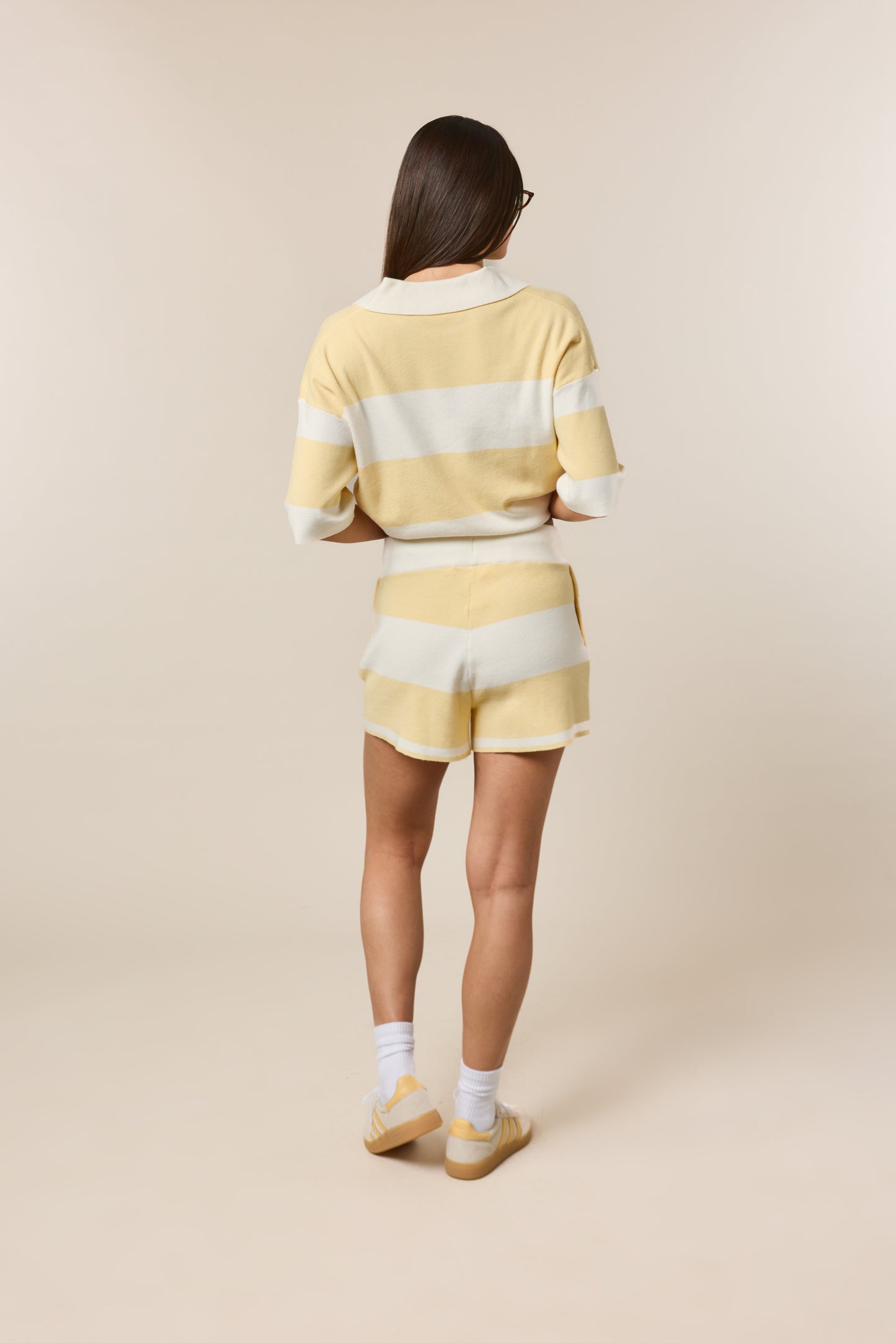 Stripe Knitted Collar Short Sleeve Top - Lemon Sorbet