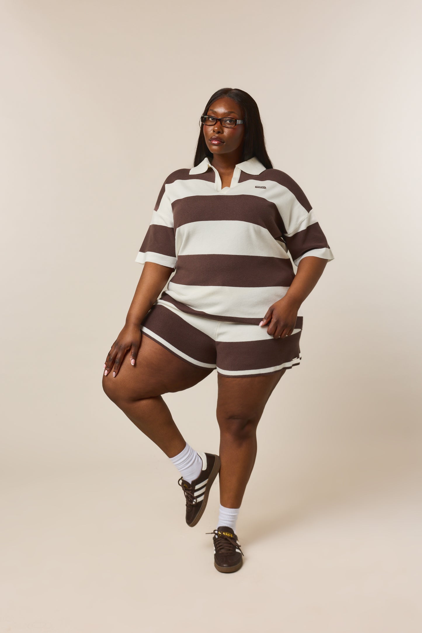 Stripe Knitted Collar Short Sleeve Top - Cocoa