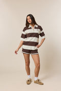 Stripe Knitted Collar Short Sleeve Top - Cocoa