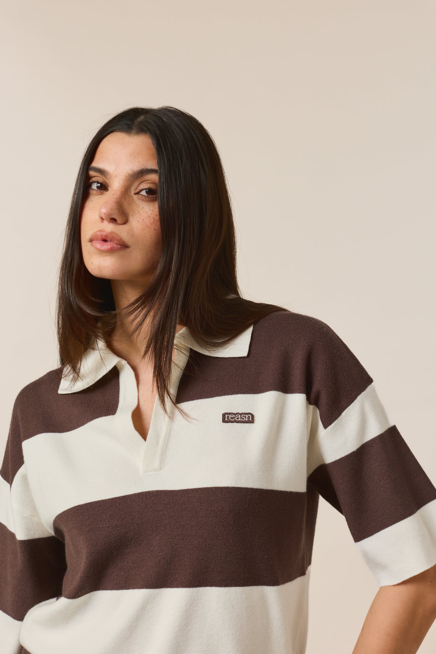 Stripe Knitted Collar Short Sleeve Top - Cocoa