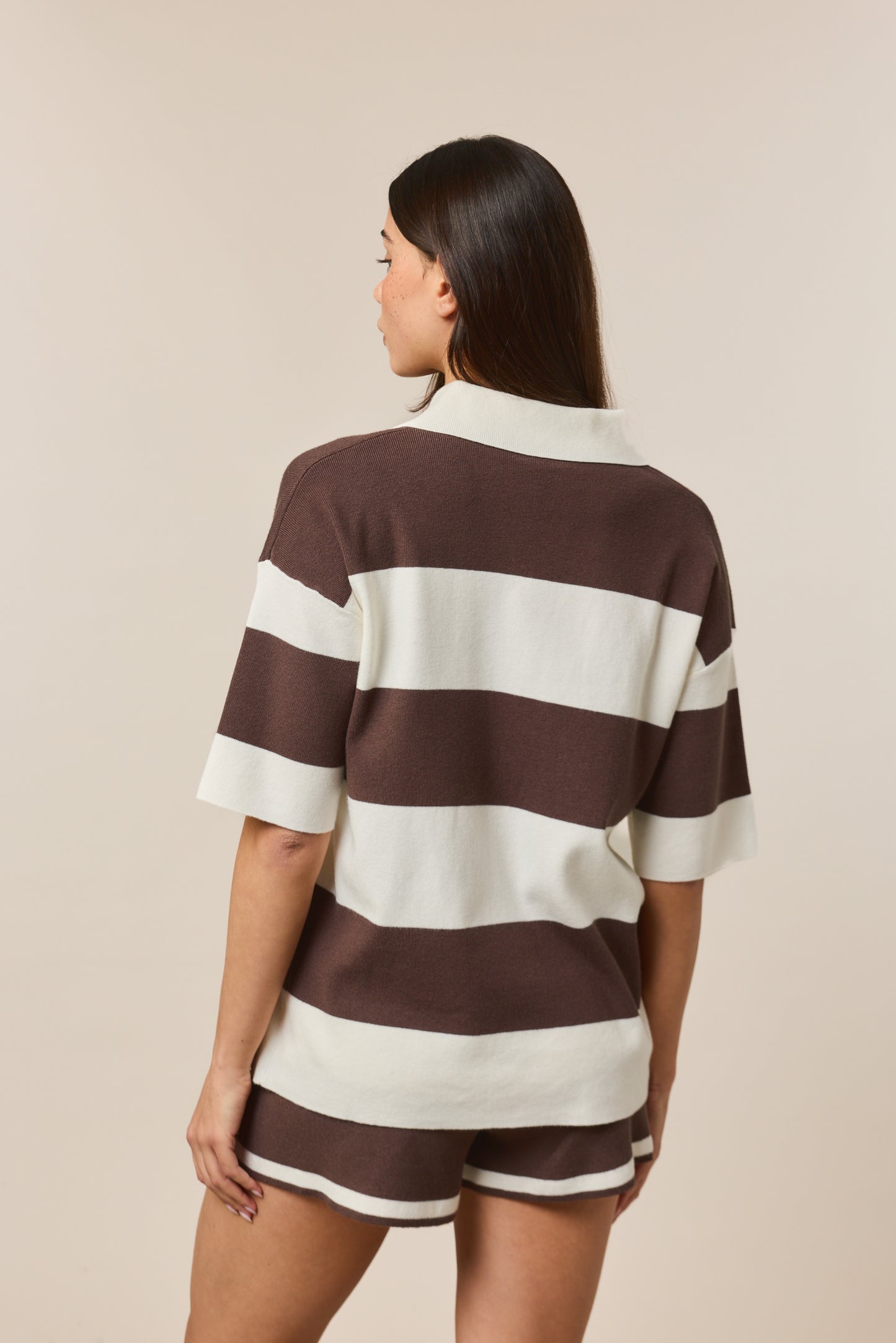 Stripe Knitted Collar Short Sleeve Top - Cocoa