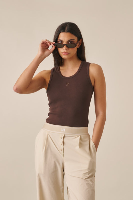 Ribbed Emblem Vest Top - Espresso