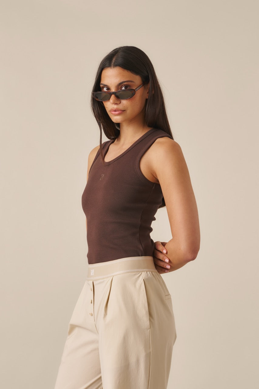 Ribbed Emblem Vest Top - Espresso