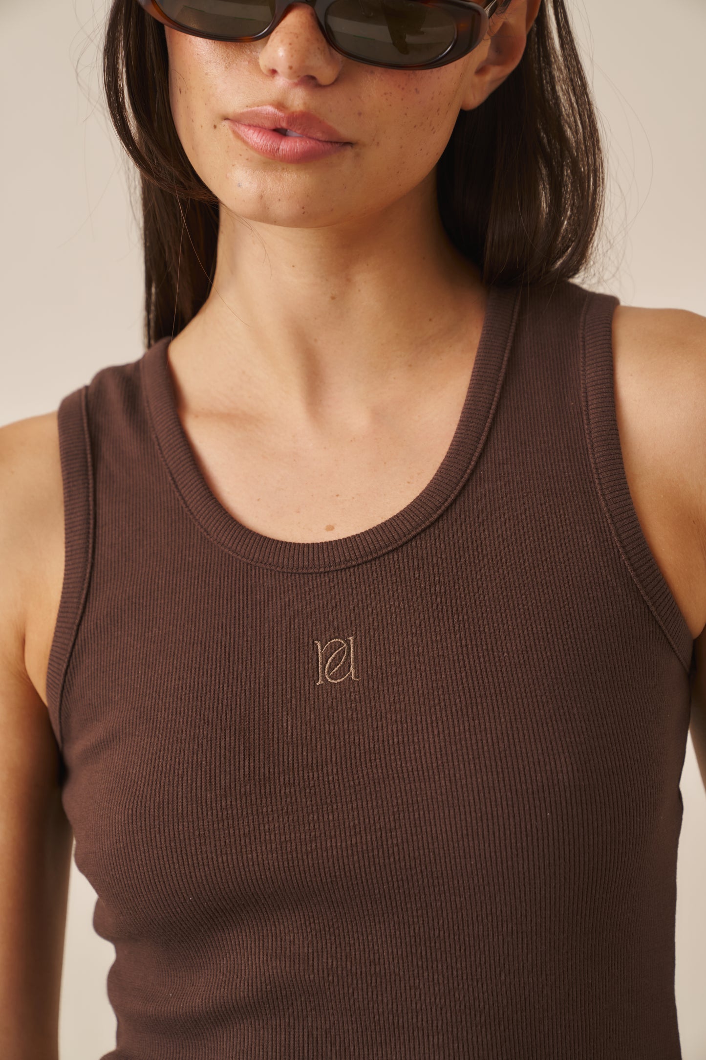 Ribbed Emblem Vest Top - Espresso