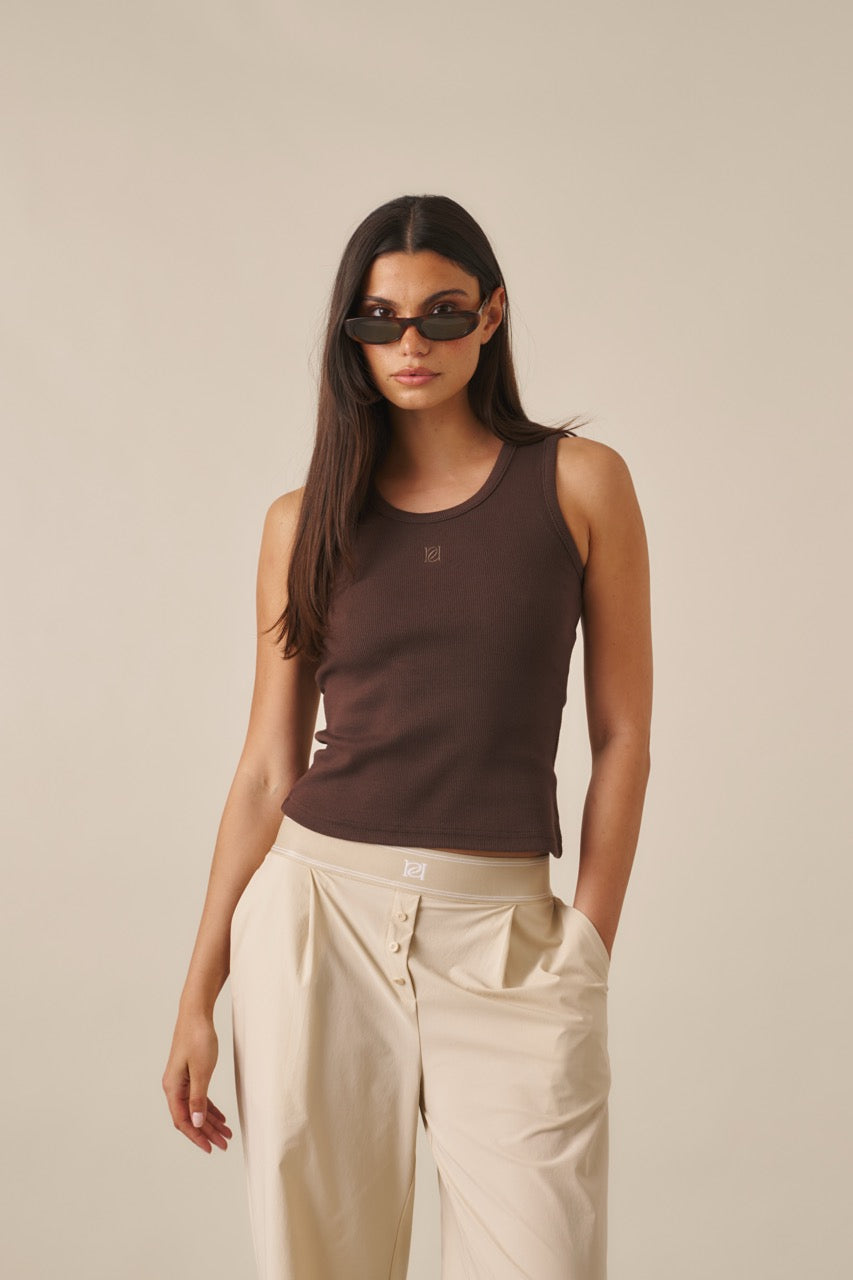 Ribbed Emblem Vest Top - Espresso