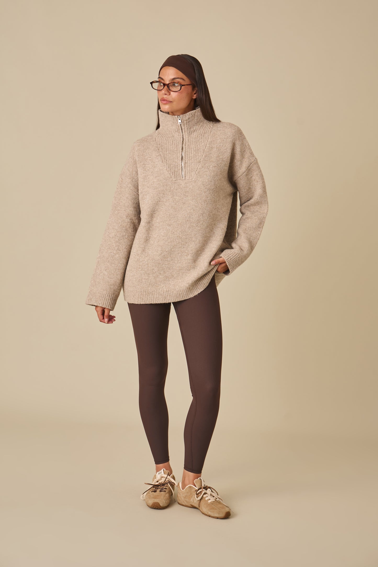 Oversized Quarter Zip Knitted Jumper - Oatmeal