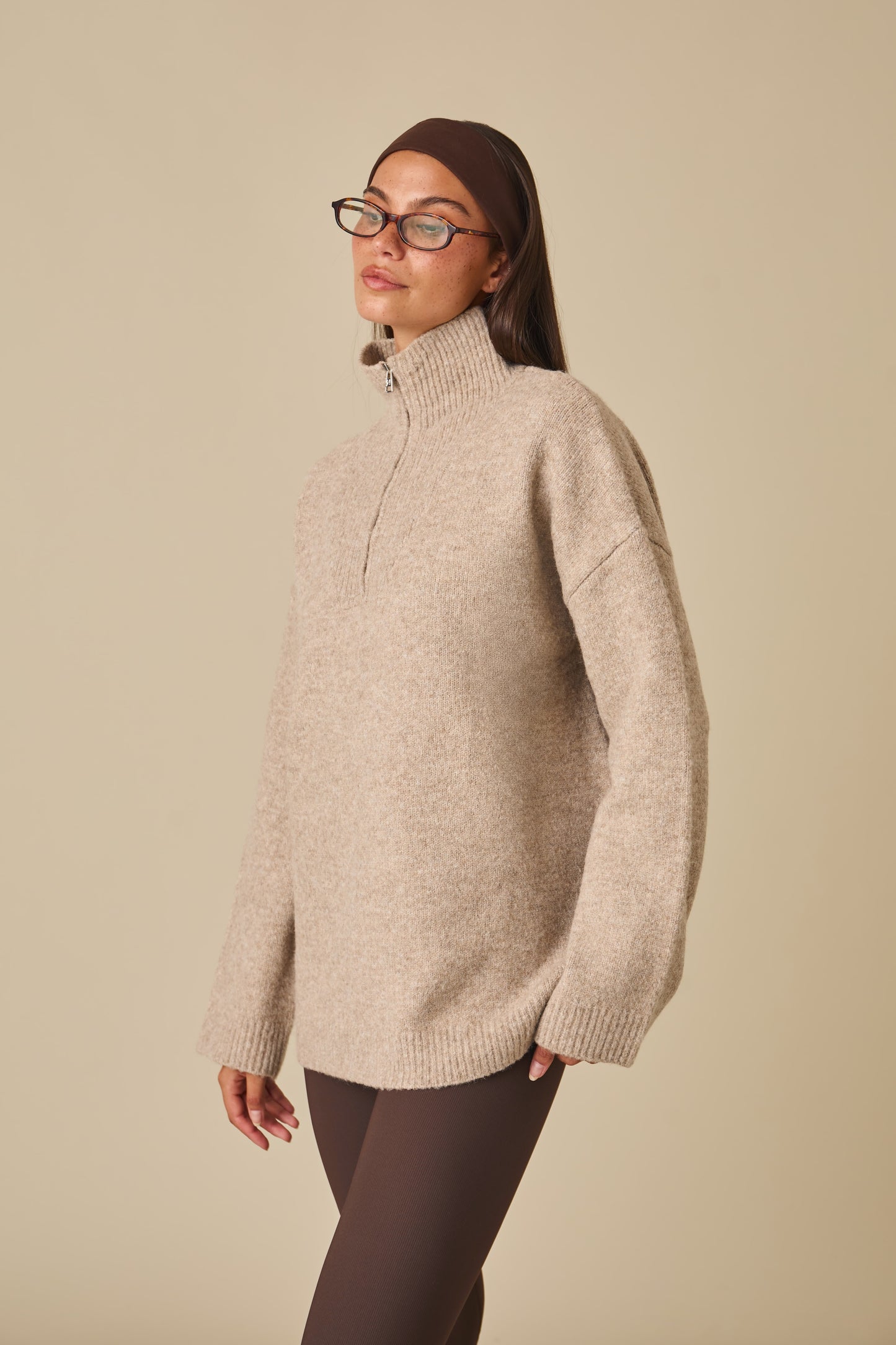 Oversized Quarter Zip Knitted Jumper - Oatmeal